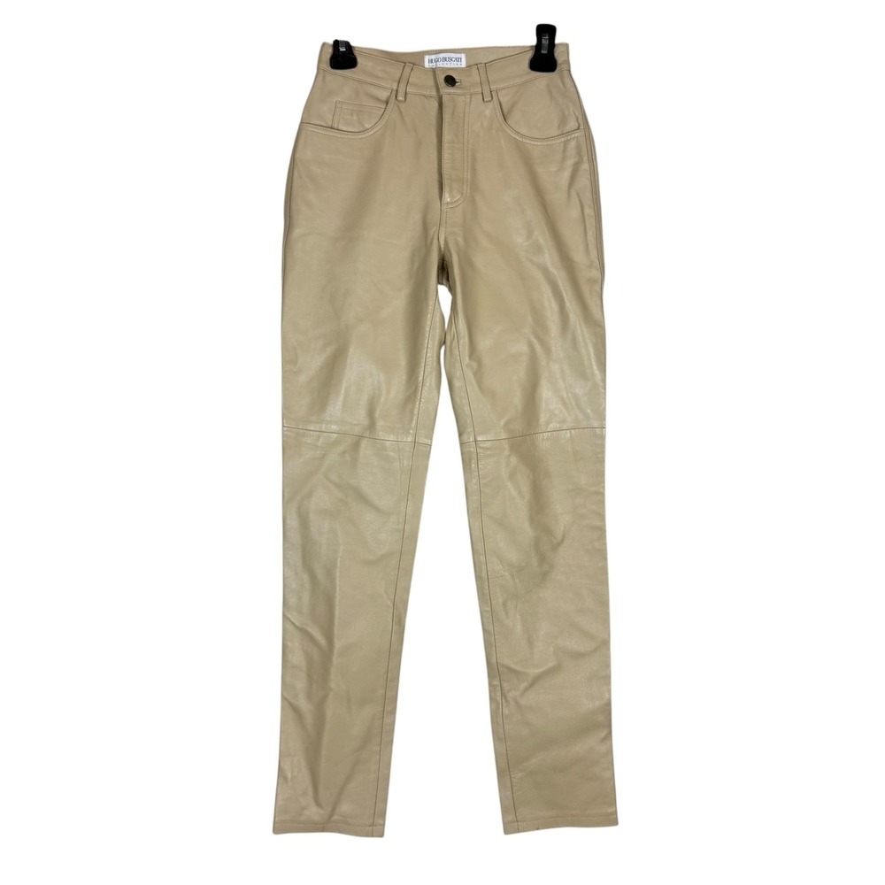 Hugo Buscati Pants Womens 4 Beige Leather Straight Leg Lined Zip Fly Pockets